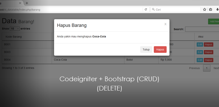  Delete data ke database dengan codeigniter dan bootstrap